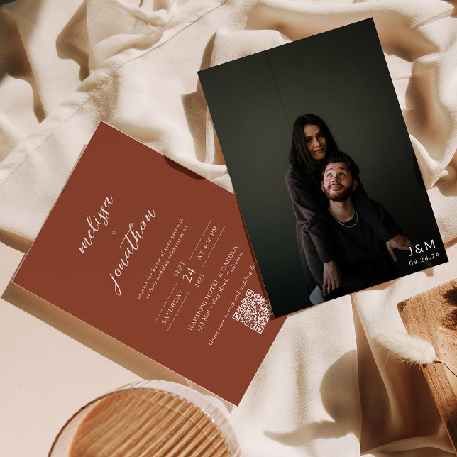 Invitation Script Terracotta moderne Photo Code QR Mariage (Créateur téléchargé)