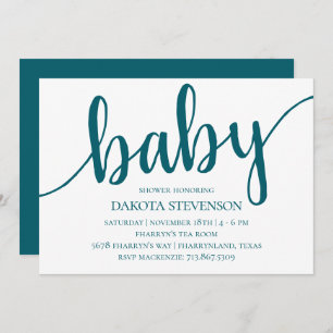 Invitation Script Turquoise simple   Baby shower bleu foncé