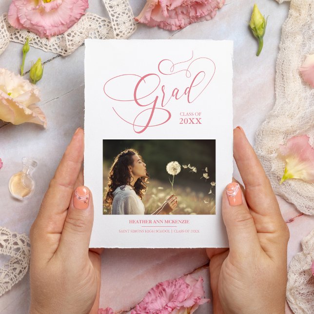 Invitation Script Whimsical Chic Pink Modern Photo Graduate (Créateur téléchargé)