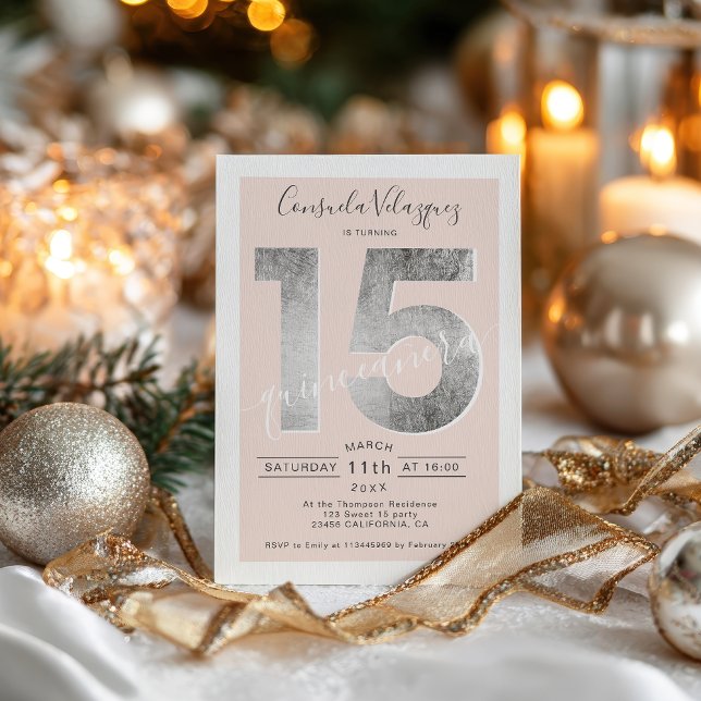Invitation Scripts de feuille d'argent vider quinceanera phot (Silver foil script blush quinceanera photo invitation)