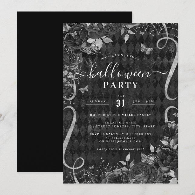 Invitation Scroll Black Dark Éffrayant Floral Halloween Party (Devant / Derrière)