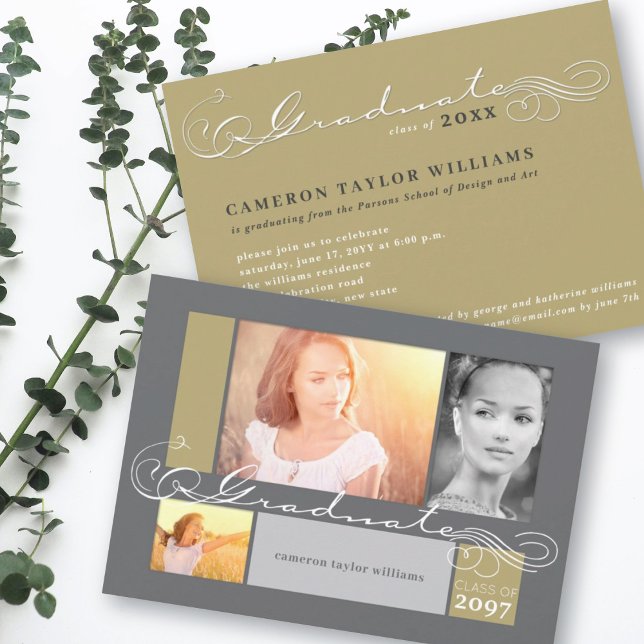 Invitation Scrolls élégant 3 Photo Collage de la fête de grad (Créateur téléchargé)