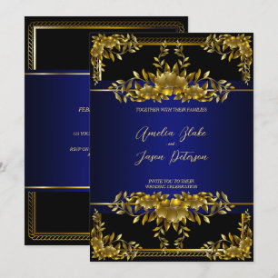 Invitation Sculpture Florale en Or Luxueux Noir Bleu