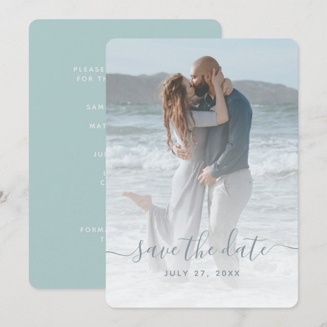Invitation Sea Glass Dusty Blue Photo Enregistrer La Date Mar (Devant / Derrière)