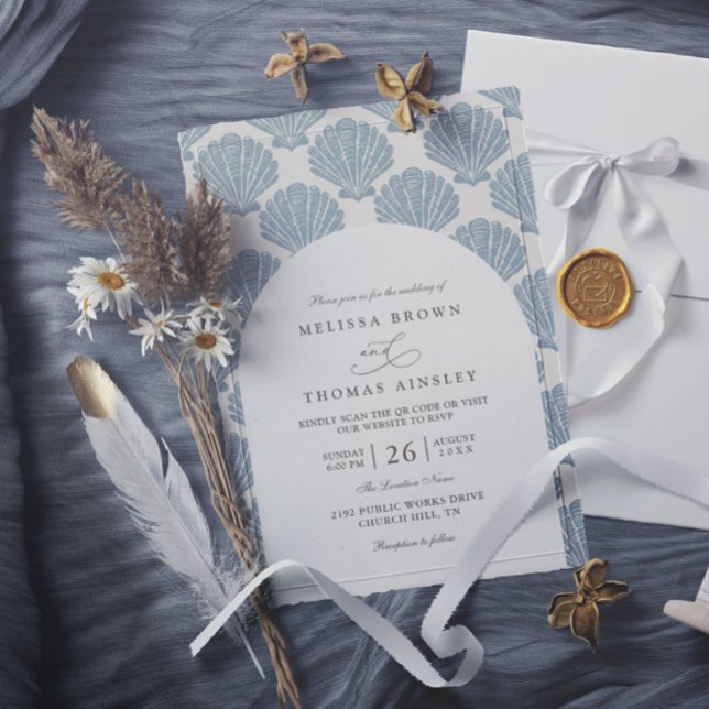 Invitation Sea Shell Beach Elegant Modern QR Code Wedding (Créateur téléchargé)