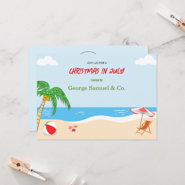 Invitation Sea Side Christmas in July Custom Name Log & Text (Devant/Arrière en situation)