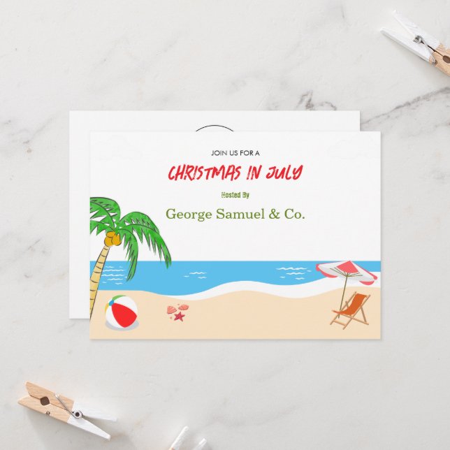 Invitation Sea Side Christmas in July Custom Name Log & Text (Devant/Arrière en situation)