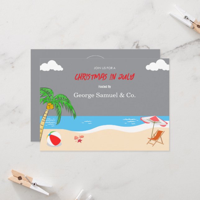 Invitation Sea Side Christmas in July Custom Name Log & Text (Devant/Arrière en situation)