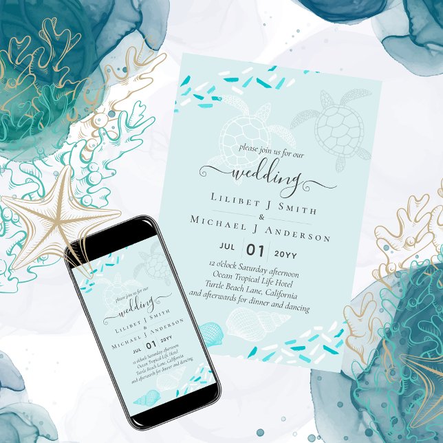 Invitation Sea Turtles Beach Wedding Turquoise Turquoise (Créateur téléchargé)