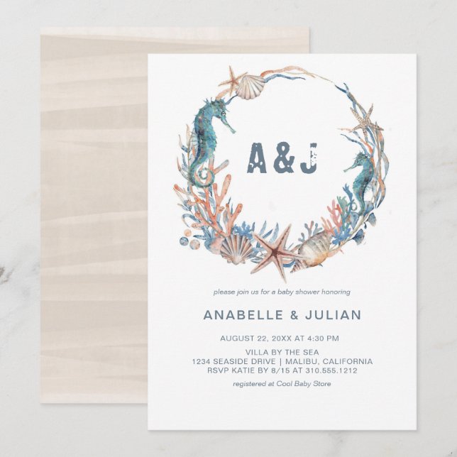 Invitation Sea Wreath | Baby shower Rustic Beach Monogram (Devant / Derrière)