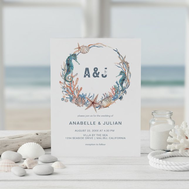 Invitation Sea Wreath | Rustic Beach Mariage (Créateur téléchargé)