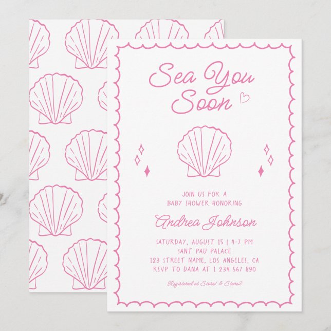 Invitation Sea You Bientôt Main Tirée Ocean Seashell Baby sho (Devant / Derrière)