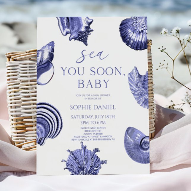 Invitation Sea You Soon, Baby Blue Seashells Baby Shower (Créateur téléchargé)
