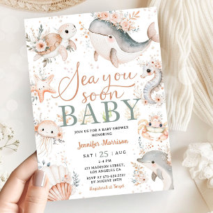 Invitation Sea You Soon Garçon Baby Shower Rose Floral Océan