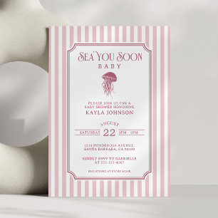 Invitation Sea You Soon Girl Préparatoire Rayures Roses Baby