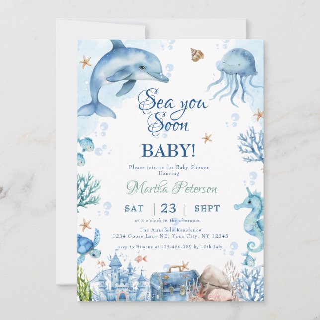 Invitation Sea You Soon Seashell Baby Shower (Devant)