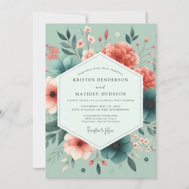 Invitation Seafoam Coral Vivid Flora Wedding (Devant)
