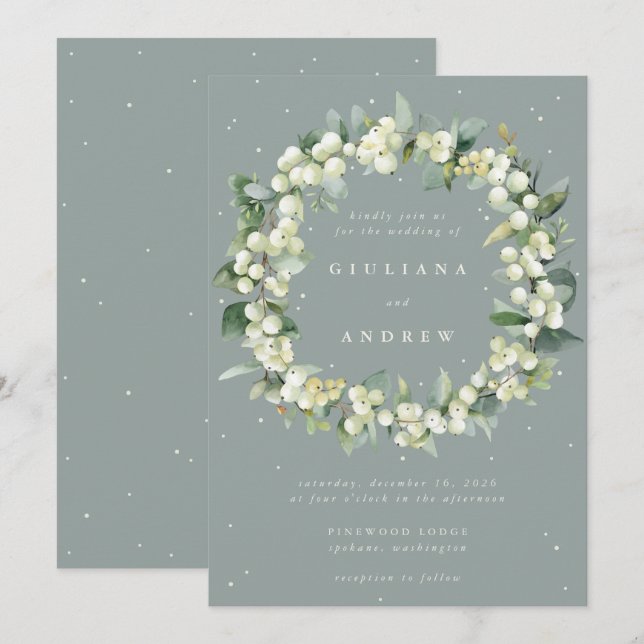 Invitation Seafoam Green Snowberry+Eucalyptus Wreath Mariage (Devant / Derrière)