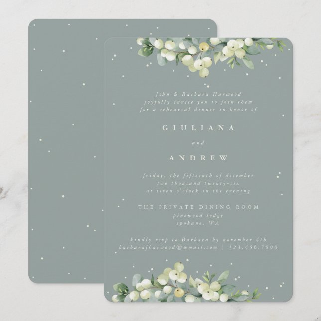 Invitation Seafoam Snowberry+Eucalyptus Mariage répétition (Devant / Derrière)