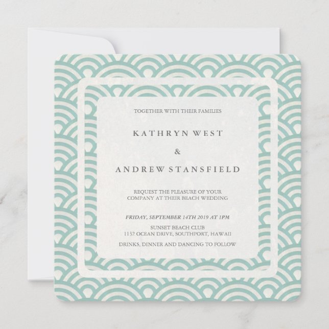 Invitation Seafoam Vert+Blanc Stylisé Vagues Mariage moderne (Devant)