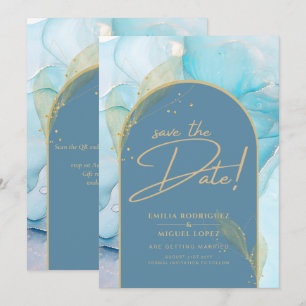 Invitation Seaglass INK Turquoise Aqua Blue Gold Mariage Date