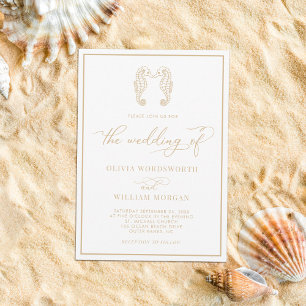 Invitation Seahorse Coastal Beach Script Mariage beige