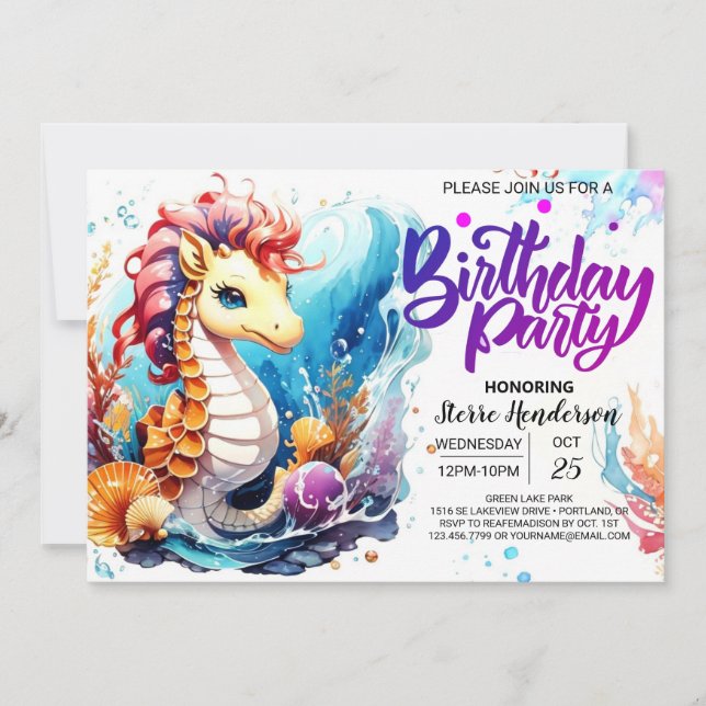 Invitation Seahorse Haven Océanique Anniversaire (Devant)