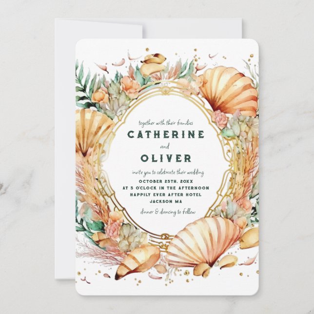 Invitation Seashell Gold Frame Ocean Summer Beach Mariage (Devant)