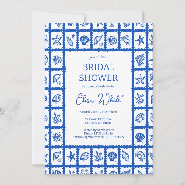 Invitation Seashell Grid Beach Fête des mariées Bleu PERSONNA (Devant)