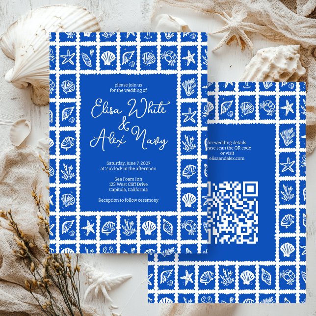 Invitation Seashell Grid Beach Wedding Code QR PERSONNALISÉ (Seashell Grid Beach Wedding CUSTOM QR Code Invitation
)