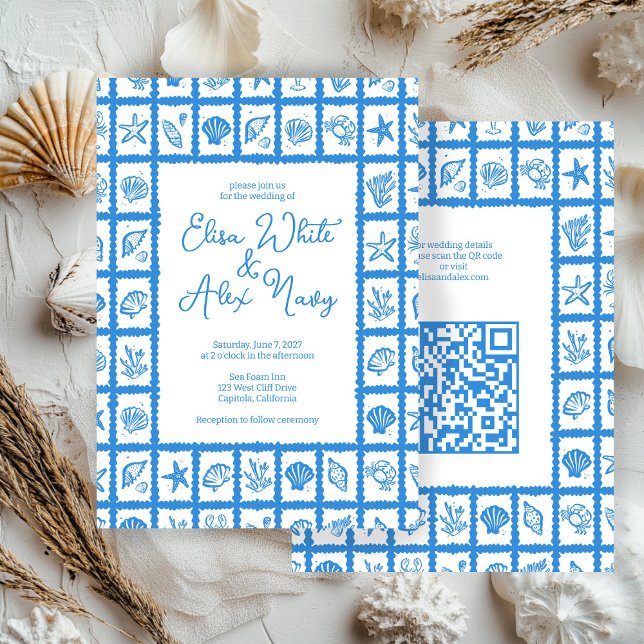 Invitation Seashell Grid Beach Wedding Code QR PERSONNALISÉ (Seashell Grid Beach Wedding CUSTOM QR Code Invitation
)