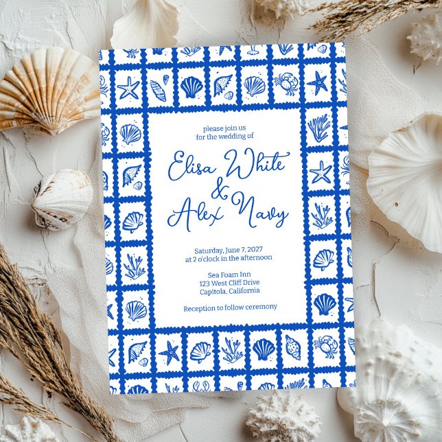 Invitation Seashell Grid Plage Mariage balnéaire PERSONNALISÉ (Seashell Grid Beach Seaside Wedding CUSTOM Invitation
)
