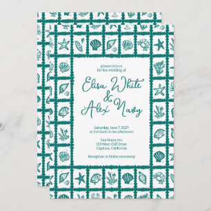 Invitation Seashell Grid Plage Mariage Vert CUSTOM QR Code