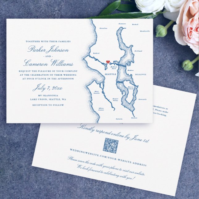 Invitation Seattle All-in-One QR code RSVP Blue Wedding (Seattle Budget Wedding Invitations All in one, QR code RSVP elegant Navy Blue by Coastal Map Designs)