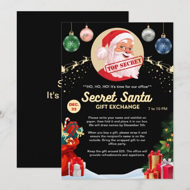 Invitation Secret Père Noël Office d'échange de cadeaux Home  (Devant / Derrière)