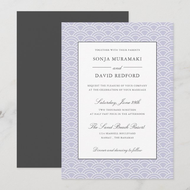 Invitation Seigaiha | Dusty Lilac Mariage de la plage avec va (Devant / Derrière)