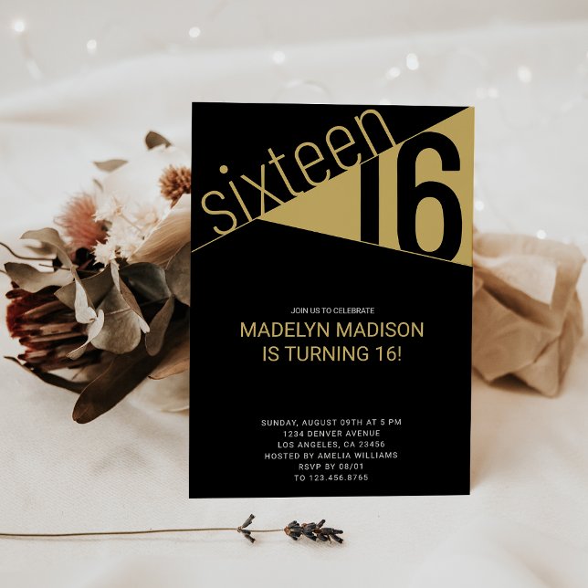 Invitation Seize | Black & Gold 16th Birthday Party (Sixteen | Black & Gold 16th Birthday Party Invitation
)