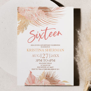 Invitation Seize Boho rose Floral 16e fête d'anniversaire