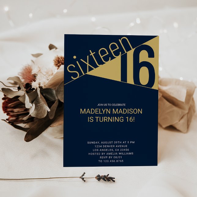 Invitation Seize | Navy Blue & Gold 16e fête d'anniversaire (Sixteen | Navy Blue & Gold 16th Birthday Party Invitation
)