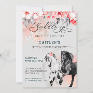 Invitation Sellez Cheval Aquarelle Fleur Rouge Noir 