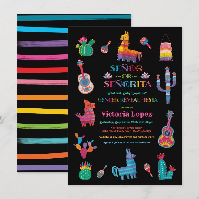 Invitation Señor ou Señorita Baby shower Fiesta de la révélat (Devant / Derrière)