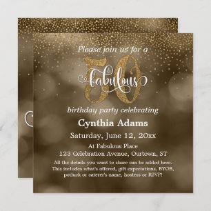 Invitation Sepia Bokeh, Parties scintillant Or & Script 50 & 