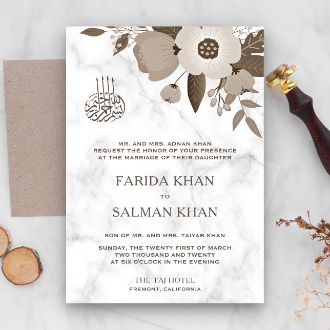 Invitation Sepia Brown Floral Marbre blanc islamique Mariage (Créateur téléchargé)