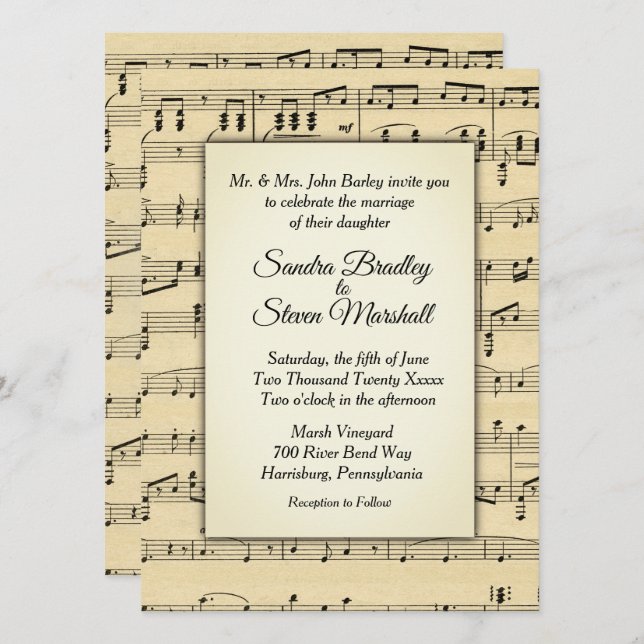Invitation Sepia Tone Antique Sheet Musique Thème Mariage (Devant / Derrière)