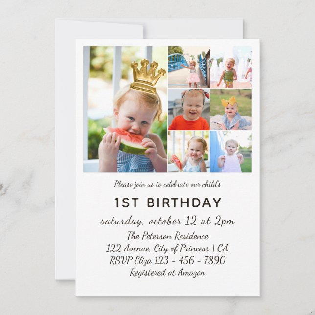 Invitation Sept photos Collage Princesse 1er anniversaire (Devant)