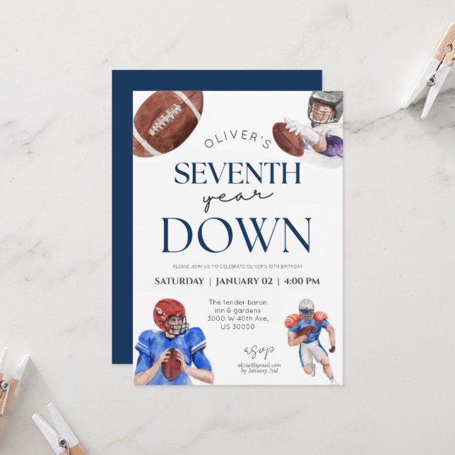 Invitation Septième année bas football thème garçon 7e annive (Devant/Arrière en situation)