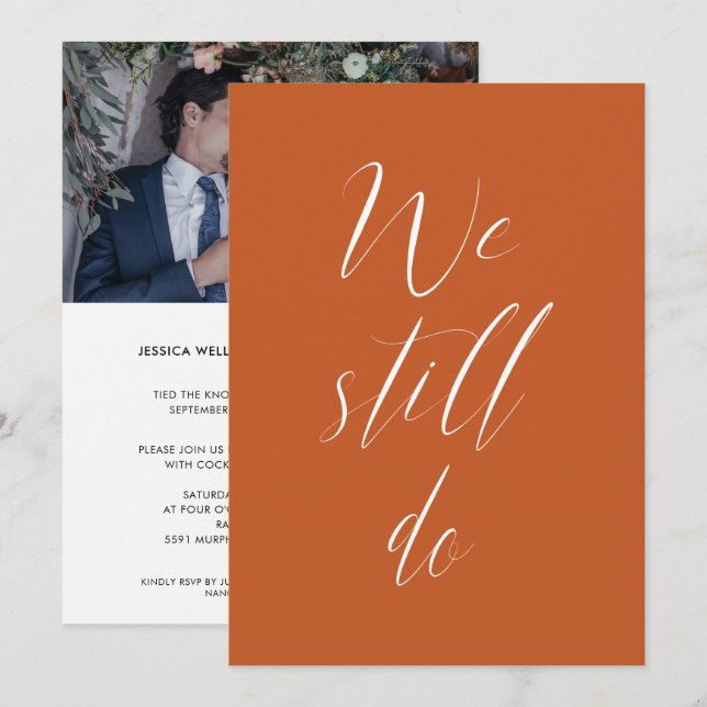 Invitation Sequel Mariage Brûlé Orange Nous Faisons Toujours  (Devant / Derrière)