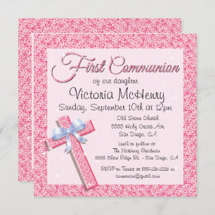 Invitation Séquence brillante rose première communion Invitat