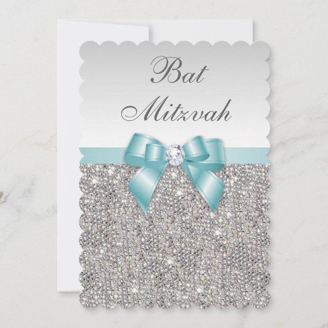 Invitation Séquences d'argent Faux Bat mitzvah bleu Turquoise (Devant)