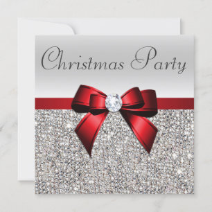 Invitation Séquences d'argent Noël Party Rouge Diamant Bow